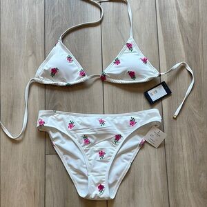 New with tags Kate Spade White Bikini with Pink Floral Embroidery